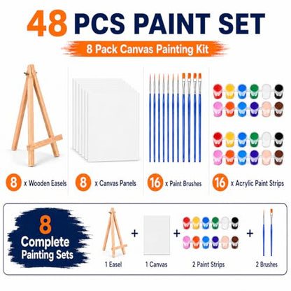 8 Pack 8 x 10 Inch Canvas Boards for Painting, Art Canvas Bulk for Drawing with Paint Brushes & 12 Colors Acrylic Paint, Mini Painting Canvas with Easel Set, Painting Kits for Adults Party Supplies