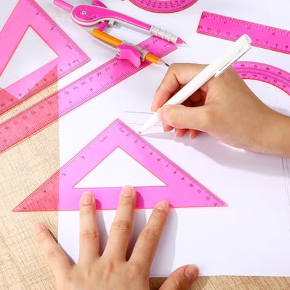 Zonon 1 Set Plastic Geometry Math Set 7 Pcs Includes 6'' / 4 '' Protractor, Drawing Compass, 45/60 Degree Triangle Rulers, 12'' / 6'' Math Ruler Transparent for Office Supplies(Pink) - color: Pink