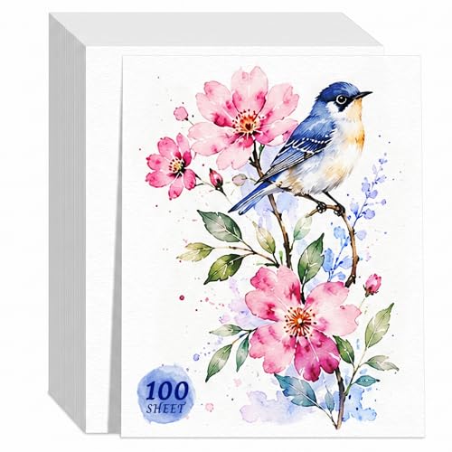 100 Sheets Watercolor Paper 8.5x11 Inches, 300 GSM Cold Press, Thick Watercolor & Mixed Media Paper Bulk – Paint Paper for Watercolor, Acrylic, Gouache, Ink, Sketching & Crafts