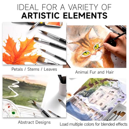 Watercolor Brush Set, Fuumuui 7pcs Professional Sable Paint Brushes with Extended Needle, Round Point, Flat, Dagger, Cat's Tongue for Watercolor, Acrylic, Gouache – Detail & Wash Painting - color: Black7