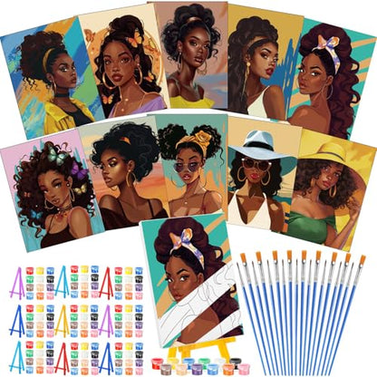Blosssound 10 Set Pre Printed Canvas Pre Drawn Canvas Painting with Easel Kits 5" x 7" Outline Painting Panels for Beginners, DIY Craft Project, Home Decors(Black Women) - style: Modern