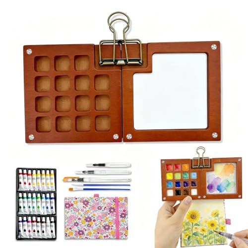 Mini Portable Watercolor Paint Palette Set - 15 Grid Paint Box with Binder Clips Include 24 Colors Watercolor Paint, 5 Brushes & Sketchbook, Travel Drawing Kit for Beginners and Art Enthusiasts - size: 15grid