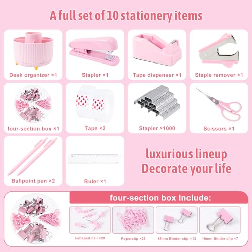 Gawsey Pink Desk Organizers and Accessories with Desk Organizer 360° Rotating Pen Holder and Office Supplies, Cute Stationery Supplies Set - color: Pink