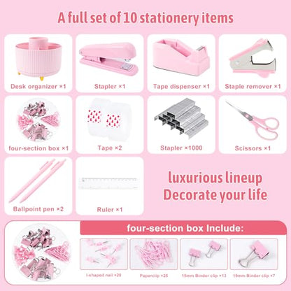 Gawsey Pink Desk Organizers and Accessories with Desk Organizer 360° Rotating Pen Holder and Office Supplies, Cute Stationery Supplies Set - color: Pink
