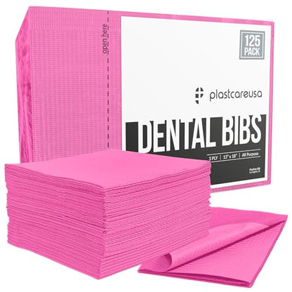 Disposable Dental Bibs 13"x18" 125 Count (Pack of 1) - 3 Ply Waterproof Tattoo Bib Sheet for Patients - Dentist or Medical Tray Cover and Nail Table Cover Supplies, Fuchsia Hot Pink - color: Fuchsia