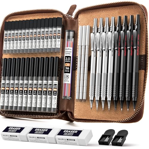 Nicpro 45PCS Black & Silver Metal Mechanical Pencil Set in Leather Case, Art Drafting Pencil 0.5, 0.7, 0.9 mm, 2mm Lead Holders for Sketching Drawing With 27 Tube (6B 4B 2B HB 2H 4H Colors)Lead Refill | Art Drafting Pencil 0.5-0.9 mm, 2mm Lead Pencil Hold