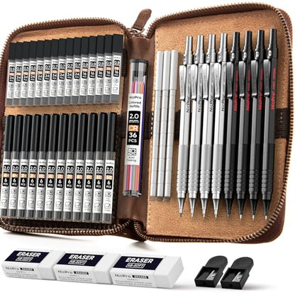 Nicpro 45PCS Black & Silver Metal Mechanical Pencil Set in Leather Case, Art Drafting Pencil 0.5, 0.7, 0.9 mm, 2mm Lead Holders for Sketching Drawing With 27 Tube (6B 4B 2B HB 2H 4H Colors)Lead Refill | Art Drafting Pencil 0.5-0.9 mm, 2mm Lead Pencil Hold