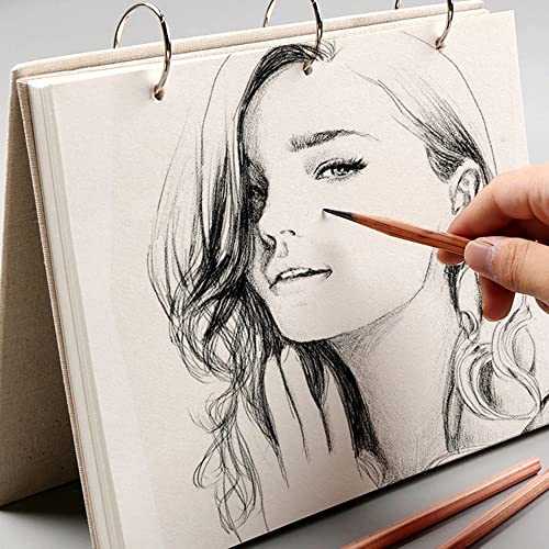 Retro Spiral Sketchbook Linen Hardcover 120 Pages 160GSM Thick Refillable Loose Leaf Notebook for Art Drawing Stationery School Supplies (Large) - size: Large