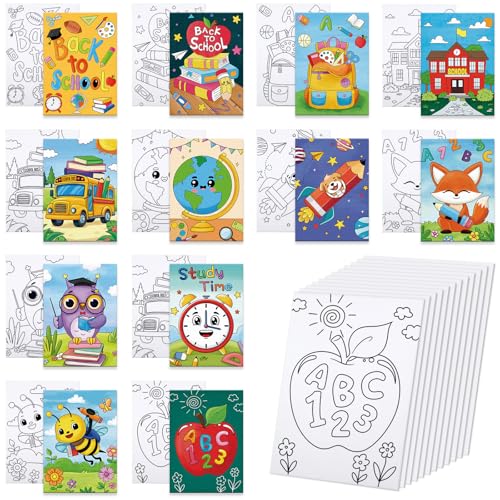 Anseal 12 Packs Pre Drawn Canvas to Paint, Back to School Pre Printed Canvas for Kids, Pre Stretched Canvas Outline Painting Boards for Beginners, Students, Party Favor（ 5" X 7"） - color: School