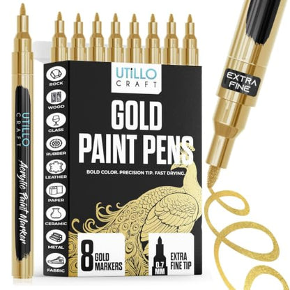 Utillo Craft Gold Paint Pen (8-Pack), 0.7mm Extra Fine Gold Paint Markers - color: Gold