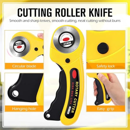Lothee 12 Set 45mm Rotary Cutter for Fabric, Ergonomic Handle Rolling Cutter with Safety Lock for Fabric, Sewing, Quilting, Cloth, Paper, Leather, Arts Crafts Dressmaking (Yellow) - color: Yellow