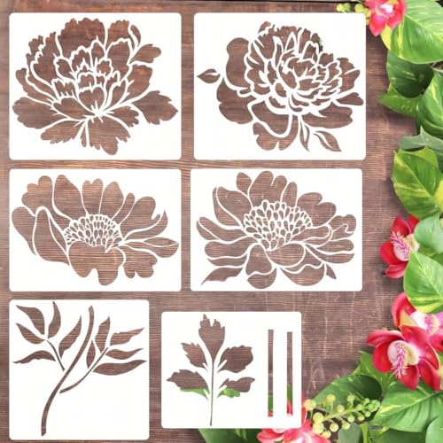 6 Pcs Large Flower Stencils for Painting, 14 X 12 Inch Flower Stencils for Crafts Reusable, Wood and Wall Stencils for Painting Large Pattern, DIY Templates Holiday Wall Paper (E) - style: E