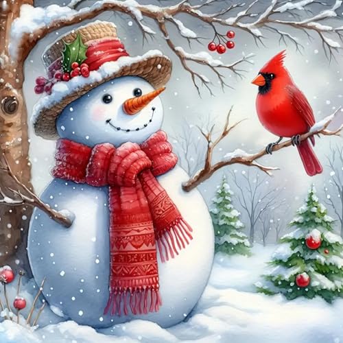 MOMDEDP Christmas Cardinal Diamond Art Kits for Adults - Snowman Diamond Painting Kits for Adults, 5D DIY Red Bird Round Full Drill Gem Art Paint by Diamonds Dots Crafts Kits for Decor Gift 12x12inch