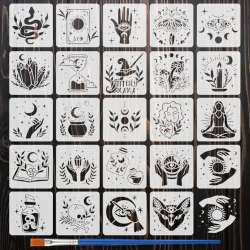 FINGERINSPIRE 24 Pcs Witch Witchcraft Painting Stencil with Brush 5.9x5.9inch Magic Potion Fairy Crystal Ball Divination Pattern Drawing Template for Painting on Wood Wall Fabric Furniture
