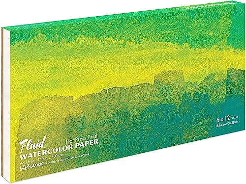 Fluid Watercolor Paper Block, 6 x 12 Inches, 15 Sheets, 140 lb (300 GSM) Hot Press Pad for Artist Painting and Wet Media - size: 6 x 12