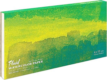 Fluid Watercolor Paper Block, 6 x 12 Inches, 15 Sheets, 140 lb (300 GSM) Hot Press Pad for Artist Painting and Wet Media - size: 6 x 12