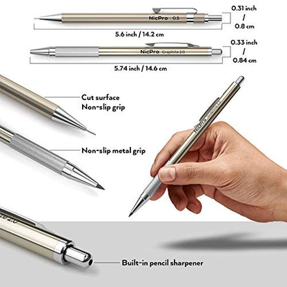 29PCS Metal Mechanical Pencil Set, Professional Drawing Kit in Leather Case | Mechanical Pencil Pack: 0.3 0.5 0.7 0.9 2mm Pencil Holder, (6B 4B 2B HB 2H 4H) Lead, Erasers, for Art Drafting Sketching - color: Gold, size: 1 Count (Pack of 5)