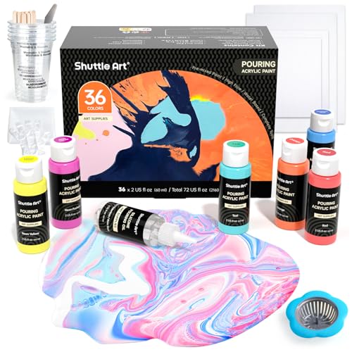 Shuttle Art Acrylic Pouring Paint, Set of 36 Bottles (2 oz/60ml) Pre-Mixed High-Flow Pouring Supplies with Canvas, Silicone Oil, Measuring Cups, Tablecloths, Complete Paint Pouring Kit - color: 36 Colors