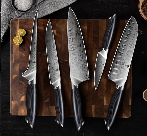 5PCS Knife Set, Kitchen Knife Sets in Powder Steel | Ultra Sharp Japanese Knives Set High Carbon Steel Chef Knives Sets, Cooking Knives Set with Ergonomic Pakkawood Handle - size: 5PCS Knife Set