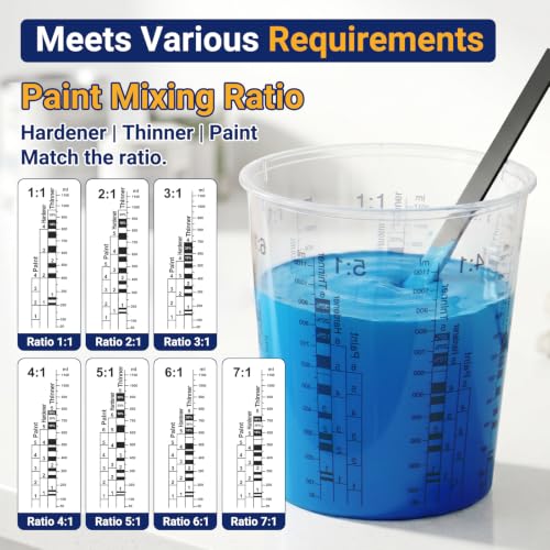 12 Pack 37oz 1100ml Clear Plastic Paint Mixing Cups with 12 Stir Sticks - Disposable Graduated Measuring Cups for Paint, Resin & Epoxy with ML Scale & 3-Column Ratios (1:1-7:1) for DIY Crafts - size: 37oz / 1100ml