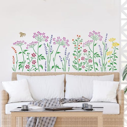 Large Flower Stencils for Walls Floral Stencils for Wood Fence | Reusable Wildflower Stencil for Painting on Canvas Fabrics Furniture - style: Wildflower 02