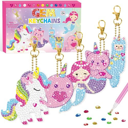 BANBBUR Art and Crafts for Kids Ages 8-12 4-8, 5 PCS Diamond Gem Art Kids | Double Sided 5D Gem Key Chain Making Kit,Christmas Crafts for Kids, Art and Craft Birthday Gifts Christmas Stocking Stuffers