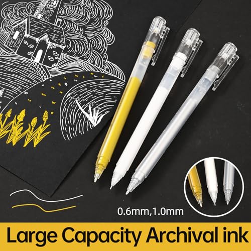 GETHPEN Gold Silver White Gel Pen, 0.6/1.0mm Fine Point Gel Ink Pens - size: 1 Count (Pack of 6), style: 6 Pack White, Gold and Silver