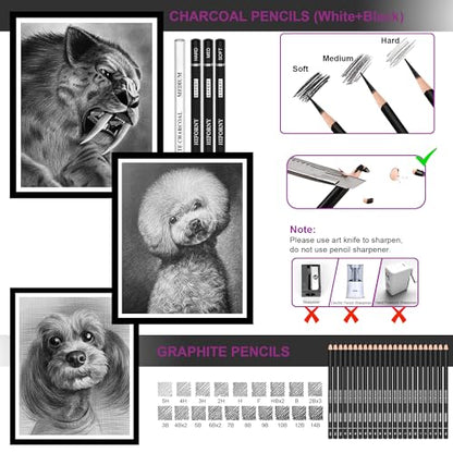 HIFORNY 58 PCS Drawing Kit Sketching Pencil Set,Sketch Pencils Art Supplies with 3-Color Sketchbook,Graphite,Charcoal,Blending Tools,Drawing Pencils for Adults Artists