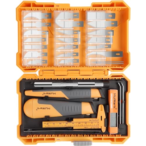 MulWark 41-Piece Precision Hobby Knife Set - Exacto Knife Set For Modeling - Craft Knife Handle Customized With Chiseling, Stencil Edge And Fine Point Blades With Sharpening Stone And Steel Ruler - style: 41 PCs of Precision Knife Set