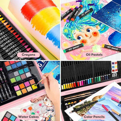 iBayam Pink Art Supplies, Gifts Kids Teen Girls Trendy Stuff 6-16 Year Old | 150-Pack Art Set Kits with 2 Sketch Pads, Coloring Book, Christmas Stocking Stuffers for Teens Girls, Cute Cool Fun Crafts - color: Pink