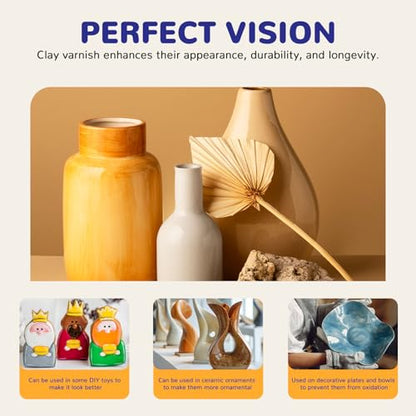 240ml Air Dry Clay Glaze, Clay Paint for Pottery Air Dry, Clay Paint High Gloss, Waterproof, Clay Glaze Set with 120ml Matte Varnish and 120ml Gloss Varnish, 2 Brushes.