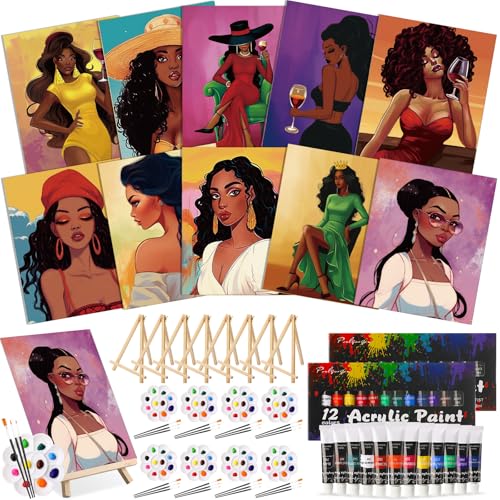 Ctosree 72 Pcs Fashion Women Paint and Sip Kit for Adults 8'' x 10'' Pre Drawn Canvas for Painting DIY Pre Printed Canvas for Party Favor Acrylic Painting Kit Wood Easel Brushes Date Night Bulk - style: Fashion Women