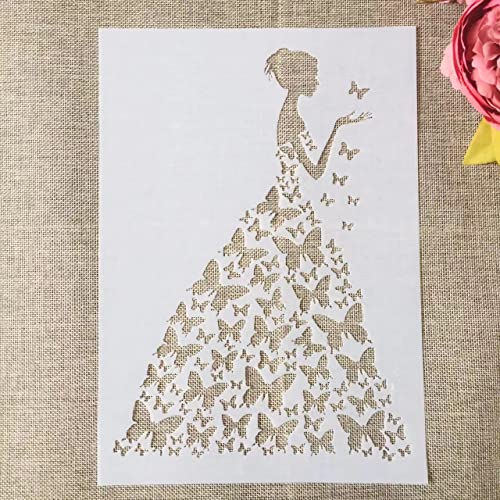 TIAMECH 6 Pcs A4 Reusable Girls Stencils for Painting | Butterflies Ladies & Beautiful Bride Layering Templates, DIY Wall Art, Wood Furniture, Scrapbook & Crafts (8.3x11.7inch) - style: Butterfly Girl