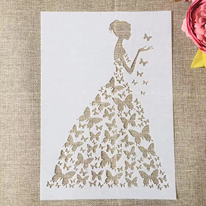 TIAMECH 6 Pcs A4 Reusable Girls Stencils for Painting | Butterflies Ladies & Beautiful Bride Layering Templates, DIY Wall Art, Wood Furniture, Scrapbook & Crafts (8.3x11.7inch) - style: Butterfly Girl