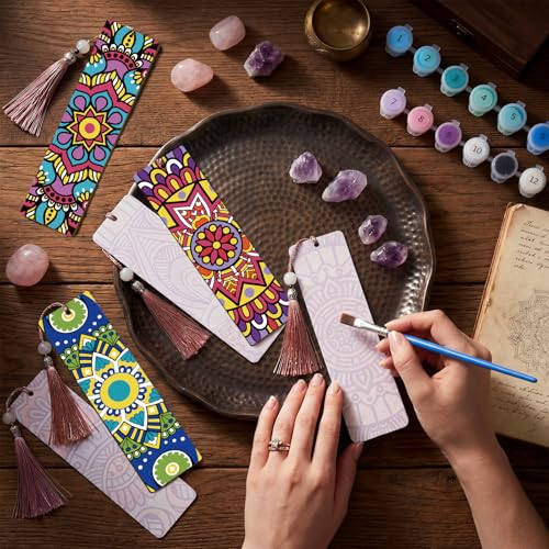 Kosiz 12 Pcs Mandala Paint by Number Kit for Adult Wood Bookmark | Mini Flower Paint by Numbers Kit, Painting Decor, Floral Tassels Blank Bookmarks, for Small DIY Craft Book Lovers Gift 7x2 '' - style: Mandala