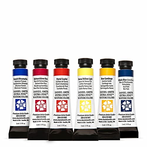 DANIEL SMITH 285610005 Extra Fine Essentials Introductory Watercolor, 6 Tubes, 5ml, Blue/Transparent/Yellow, 0.17 Fl Oz (Pack of 6) - style: Essentials Introductory Pack