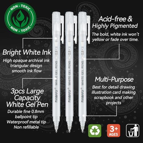 PANDAFLY White Gel Pens, 3-Pack, 0.8mm Fine Point Opaque Gel Ink Pens - style: White-0.8mm