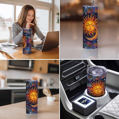 Firmiso 20 oz Tumbler | Skinny Insulated Travel Mug with Leak-proof Lid and Telescopic Straw | Sun and Moon Celestial Stainless Steel Coffee Cup | Christmas Gifts for Women and Men - color: Sun Moon