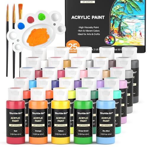 Shuttle Art Acrylic Paint, 25 Colors Acrylic Paint Set, 2oz/60ml Bottles, Rich Pigments Paint for Artists, Beginners and Kids on Canvas Rocks Wood Ceramic Fabric - color: Regular, size: 2 Fl Oz (Pack of 25)