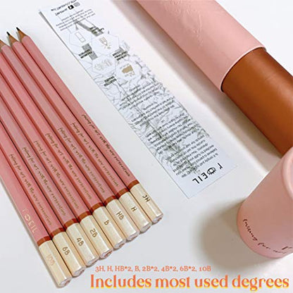 L'oeil Professional Soft Graphite Sketching Pencils Set of 12 (Selected 3H-10B) in Incense Cedar Wood for Pencil Drawing, Sketching, Shading for Beginners & Pros (Pink)