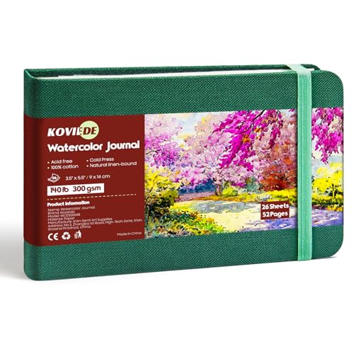 KOVIEDE 5.5"x3.5" Watercolor Journal, 140LB/300GSM 100% Cotton Water Color Sketchbook, Acid-Free Cold Press Watercolor Paper Pad Mixed Media, 26 Sheets / 52 Pages - color: Green - 1P, size: 5.5"x3.5"