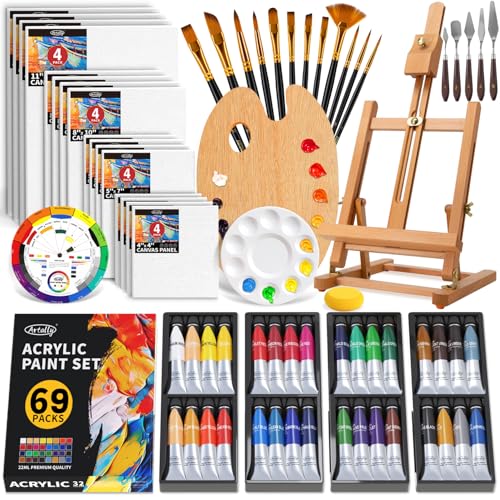 ARTALLY Acrylic Paint Set for Adults & Kids, 69 Pcs Canvas Painting Kits, 32 Colors Acrylic Paint (22ML),Table Easel,Brushes,Canvas, Art Painting Supplies Kit for Students,Artists,Beginners - size: 69 Piece Set