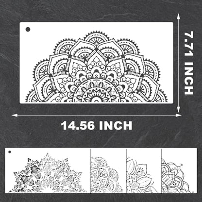 YKW 4 Pack Mandala Stencils for Painting - Reusable Large Mandala Templates - 14.5x7.7 Patterns for Wall, Fabric, Wood, Heterosexual Stone - DIY Home Decor Art Craft Supplies, Translucent and Soft - style: Large Half Mandala