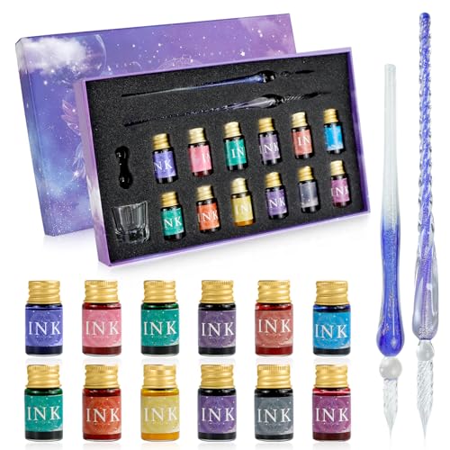 Glass Dip Pen Ink Set, 16pcs Fountain Calligraphy Pens Set, 2 Crystal Signature Glass Pen, 12 Gold Powder Drawing Ink Drip Tool for Art Writing Signatures Beginners Valentines Day Gift