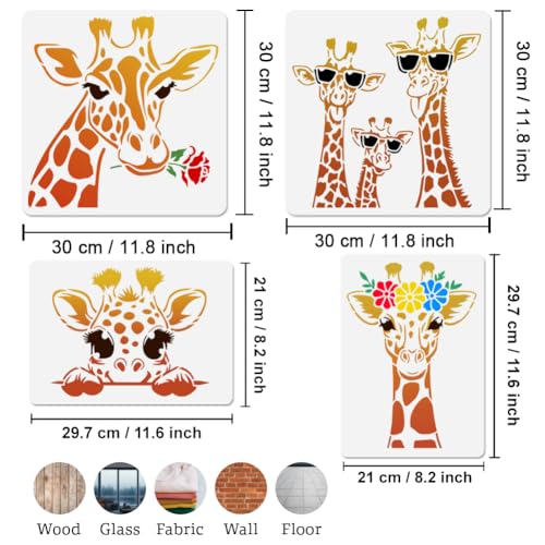 4Pcs Funny Giraffe Head Stencils for Painting, Reusable Giraffe Stencil Drawing Templates, Animal DIY Craft Paint Templates for Wall Home Decor Wood Burning Canvas Fabric Journal - style: Giraffe