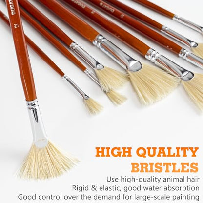 DUGATO Hog Hair Fan Paint Brush Set, 9-Piece Long Handle Brushes | Comfortable Wood Handle for Ceramic Pottery Glazing & Painting, Ideal for Acrylic & Oil, Smooth Blending & Texture Effects - size: 9pcs Fan Brushes