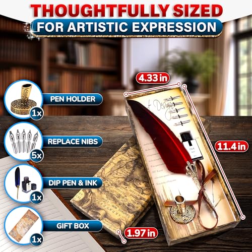 Quill Pen and Ink Set with 5 Spare Nibs, Inkwell and Quill Stand, Red | Goose Feather Pen Ink with Stainless Steel Nib; Vintage Design; for Calligraphy, Drawing & Signatures; Writing Gifts - color: Red