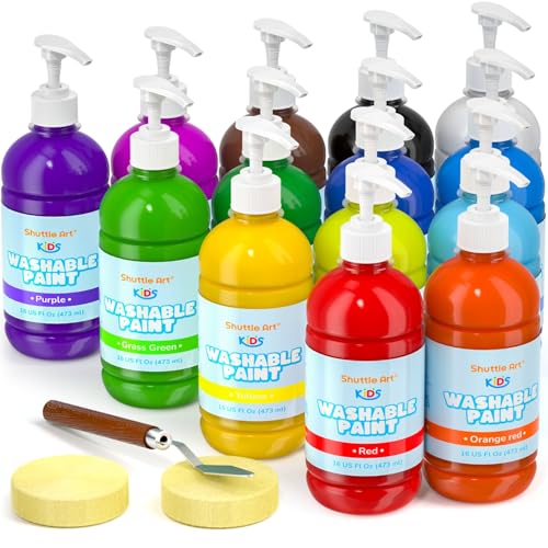 Shuttle Art 14 Colors Washable Paint for Kids, 16 oz Bulk Tempera Paint with Pump, Non-Toxic Kids Washable Paint for Art and Crafts, Home & School Must Haves - color: 14 Colors, size: 16 Fl Oz (Pack of 14)