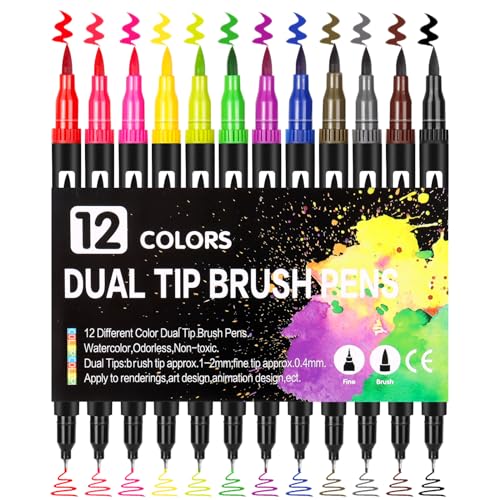 Double Tip Brush Pens Art Markers - 12 Vibrant Colors, Fine & Brush Tips for Coloring, Calligraphy, Journaling, Drawing, and Crafting - Non-Toxic, Water-Based Ink - Perfect for Kids & Adults - color: Multicolor