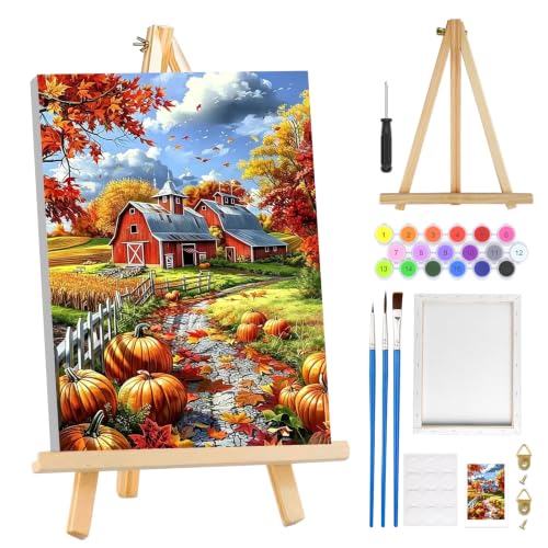 MOGTAA Fall Paint by Numbers Kit for Adults Beginners with Frame, Farmhouse Adult Paint by Number Kits on Canvas with Easel, Easy DIY Pumpkin Oil Painting Kits for Home Decor, 8x12in - color: Farmhouse
